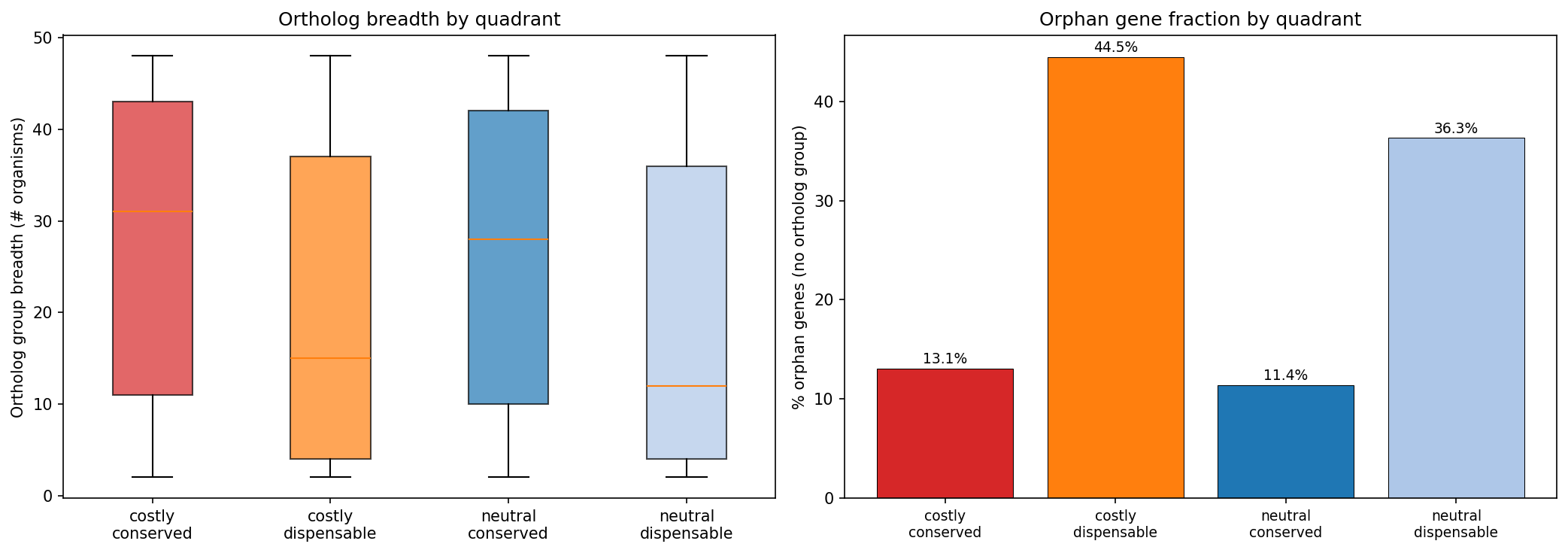 Ortholog group breadth and orphan gene fraction by quadrant