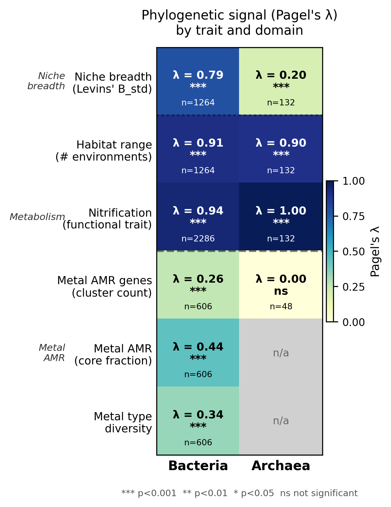 Pagel's λ heatmap: trait × domain